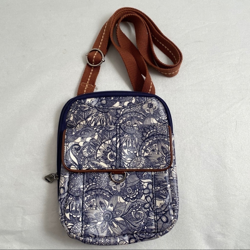 Sakroots multicolor blue cream brown coated canvas crossbody bag